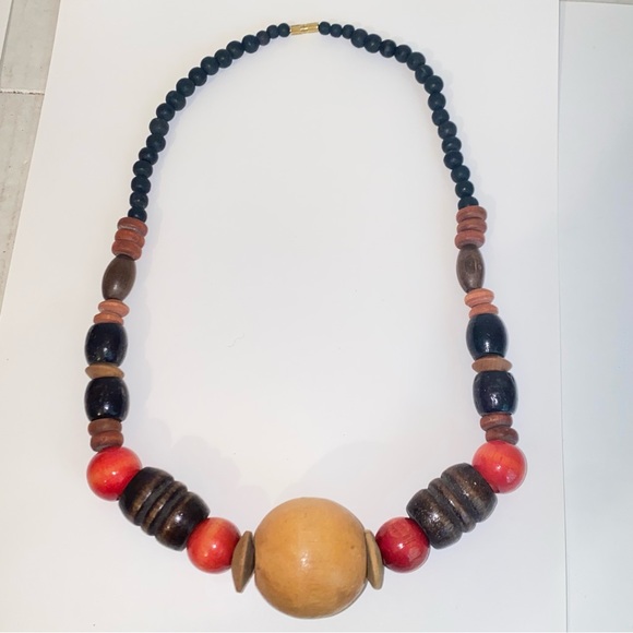 Vintage Brown & Orange Chunky Wood Beaded Statement Necklace BoHo Retro - Picture 6 of 6
